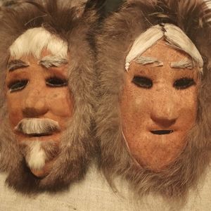 Vintage Alaskan Inuit Husband and Wife Artisan Hide & Fur Face Masks Wal…